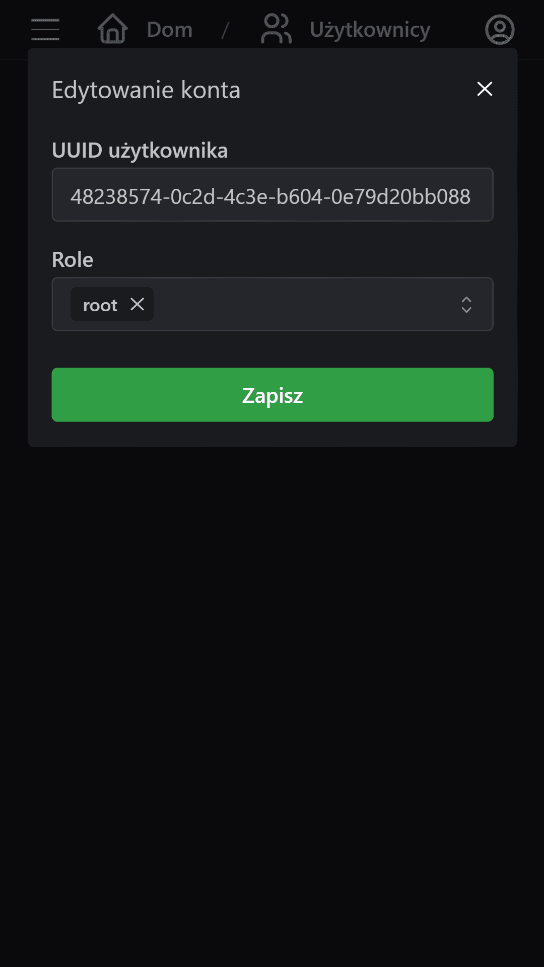 screenshot with a dialog to change user's roles on a phone