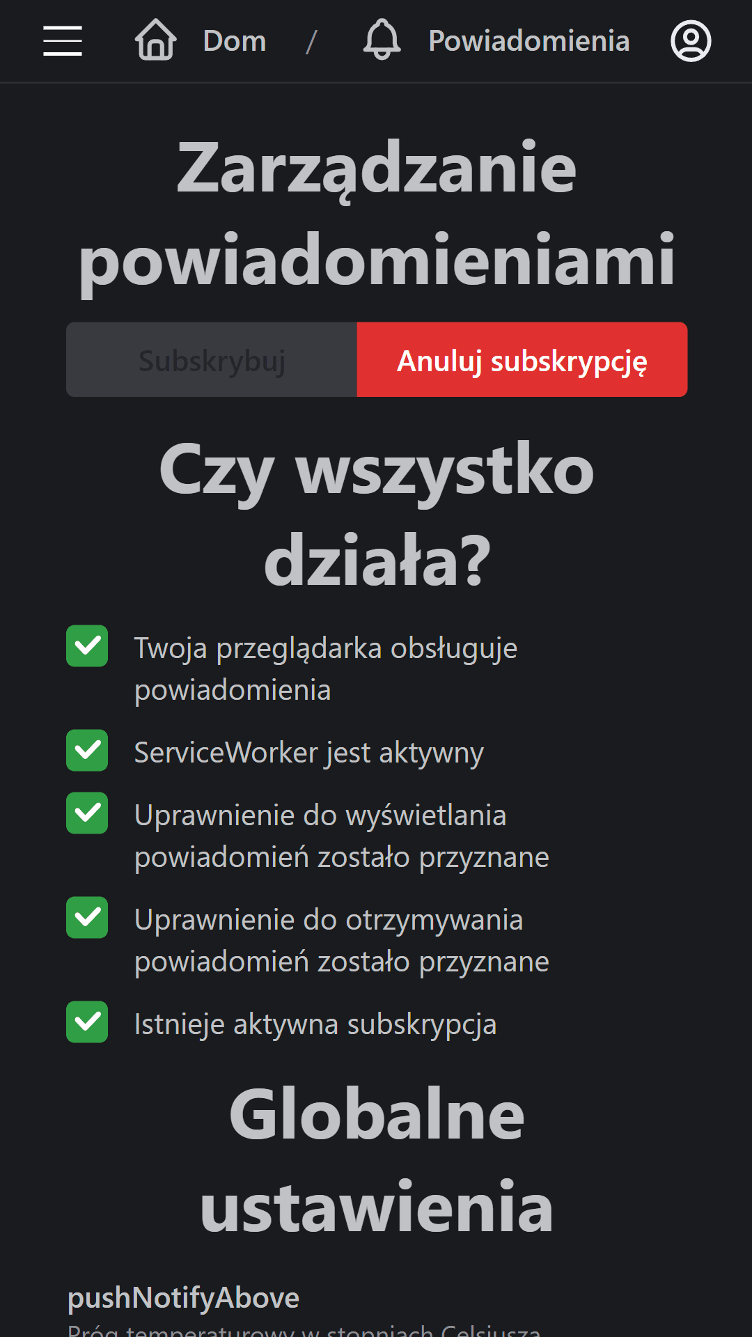 zrzut ekranu z opcją subskrypcji powiadomień push