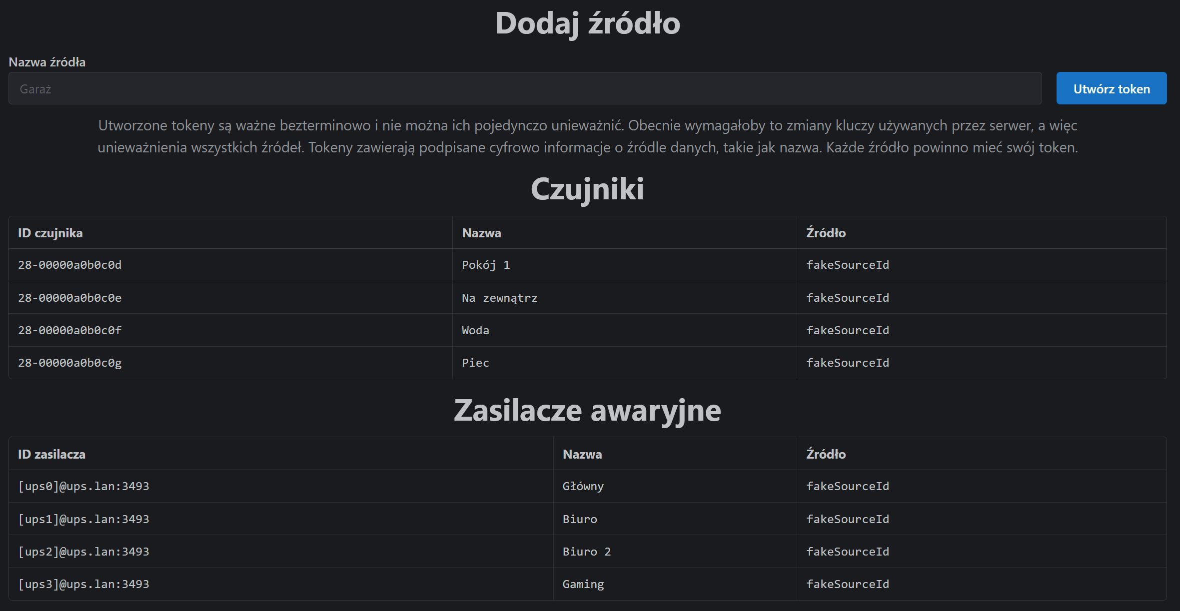zrzut ekranu strony dodawania źródła danych i edycji sensorów