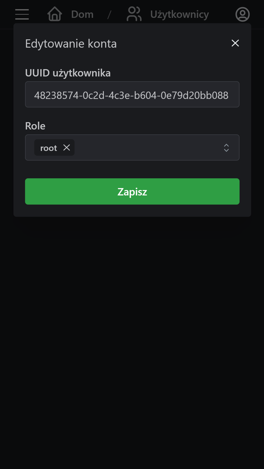 screenshot with a dialog to change user's roles on a phone
