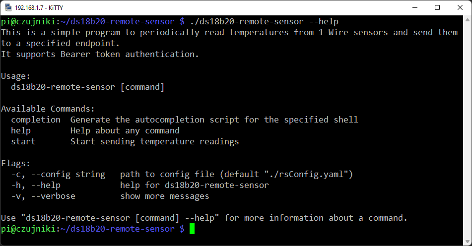 screenshot with CLI usage of ds18b20-remote-sensor server