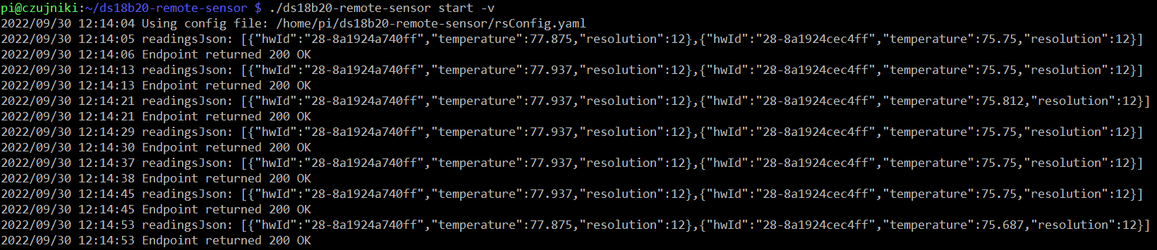 screenshot of the program running in verbose mode showing serialized readings and the HTTP response codes