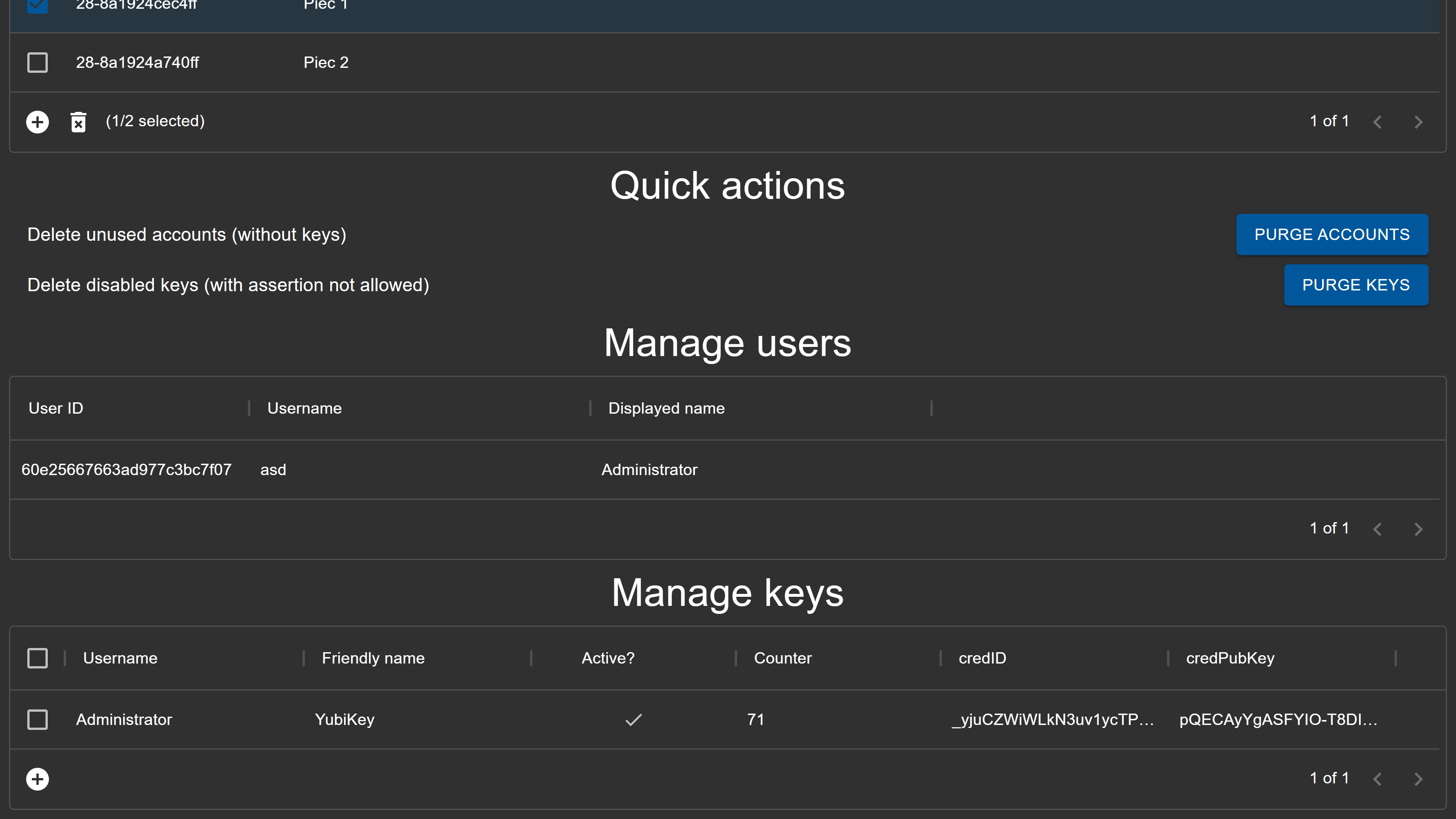 screenshot of an admin panel to manage users, WebAuthn keys and execute maintenance tasks